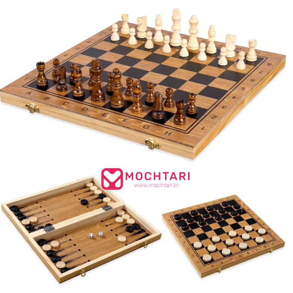 Coffret de Jeu 3 en 1 en Bois Coffret de Jeu 3 en 1 en Bois – Échecs, Dames et Backgammon | Jeu de Société Pliable et Élégant pour Enfants et Adultes