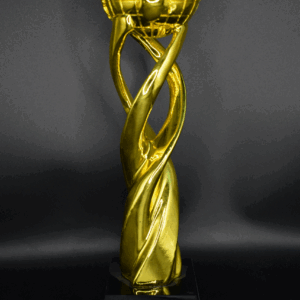 Trophée couleur or avec base noire, modèle élégant et solide pour cérémonies et récompenses.